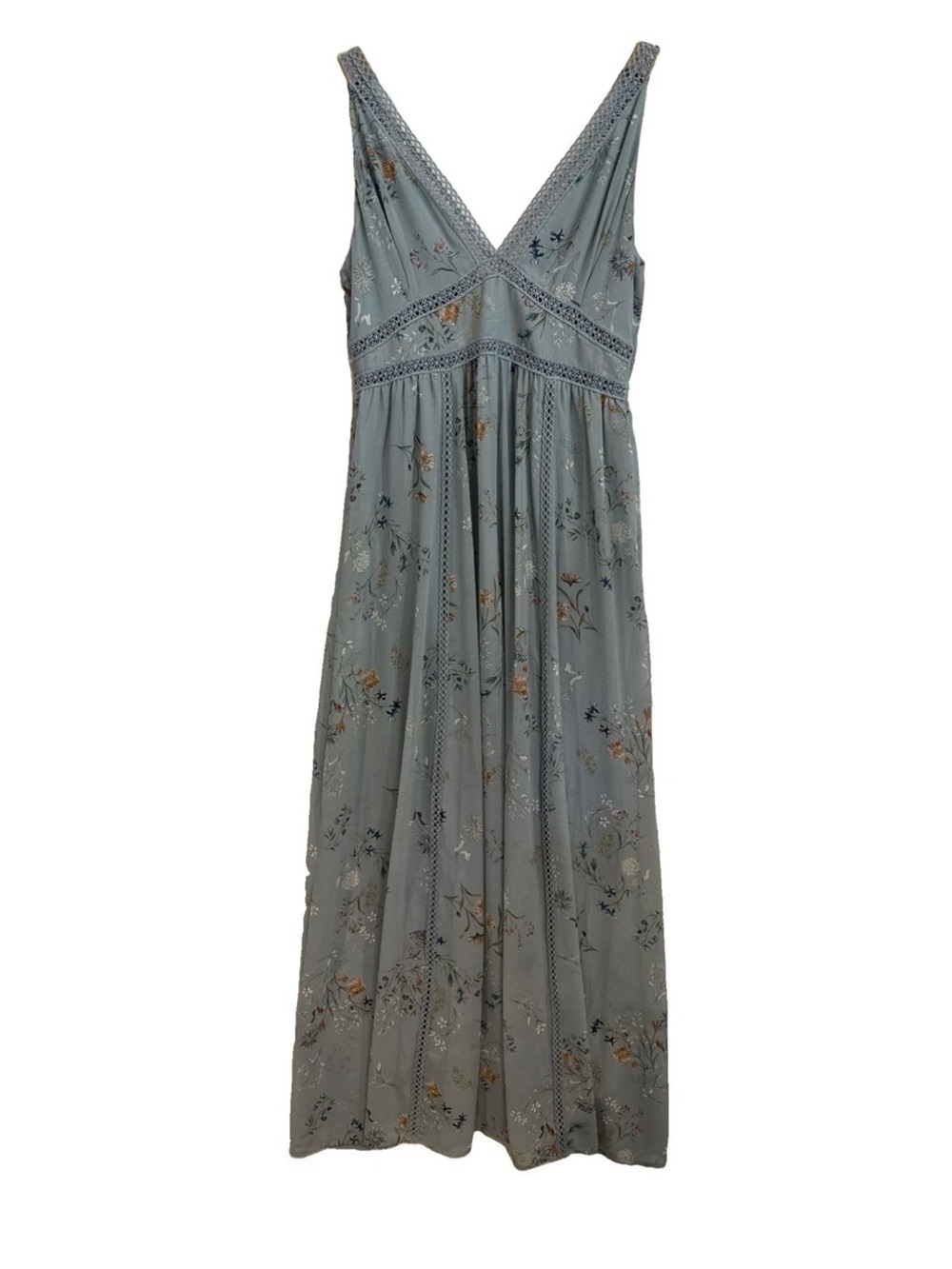 Willow & Clay Anthropology Dusty Blue Floral Chiffon Maxi Dress wCrochet Detail